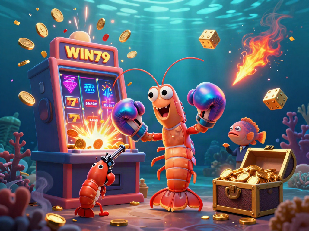 Experience the excitement of WIN79 with a dynamic casino scene featuring vibrant 3D shrimp characters and jackpot elements.