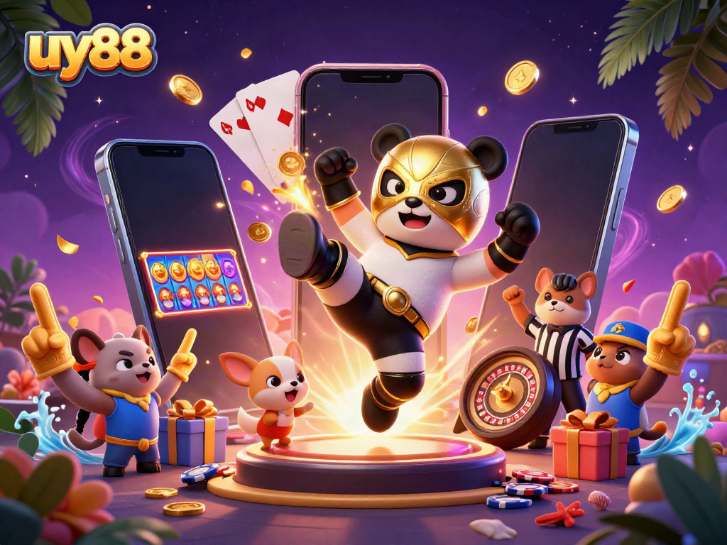 uy88 engaging in casino excitement featuring a dynamic wrestling scene with colorful slot game elements