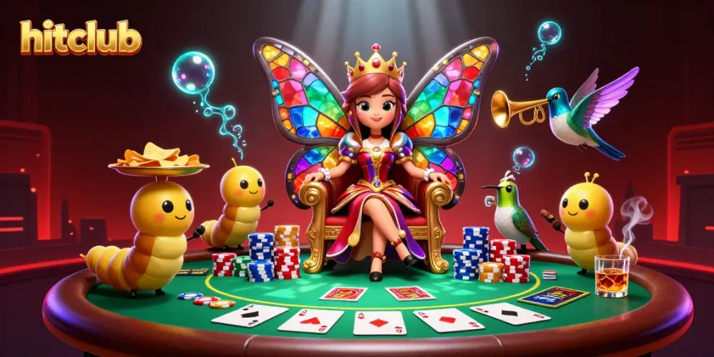 Engage in thrilling gameplay at hitclub, featuring vibrant poker chips and a butterfly queen illustration.