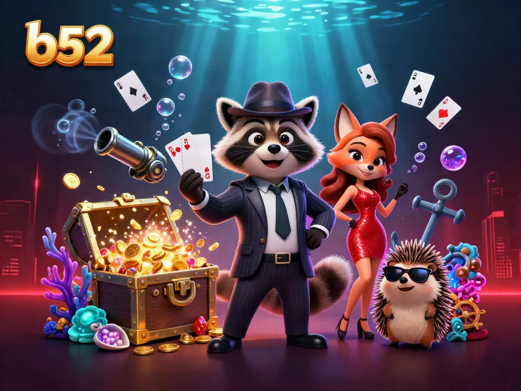 Play to win at B52 with a suave raccoon holding a royal flush, surrounded by treasures.