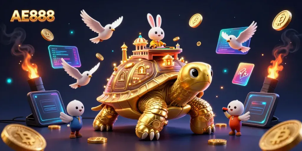 Experience the vibrant AE888 casino world with a dynamic golden tortoise palace and lively rabbit dealer.