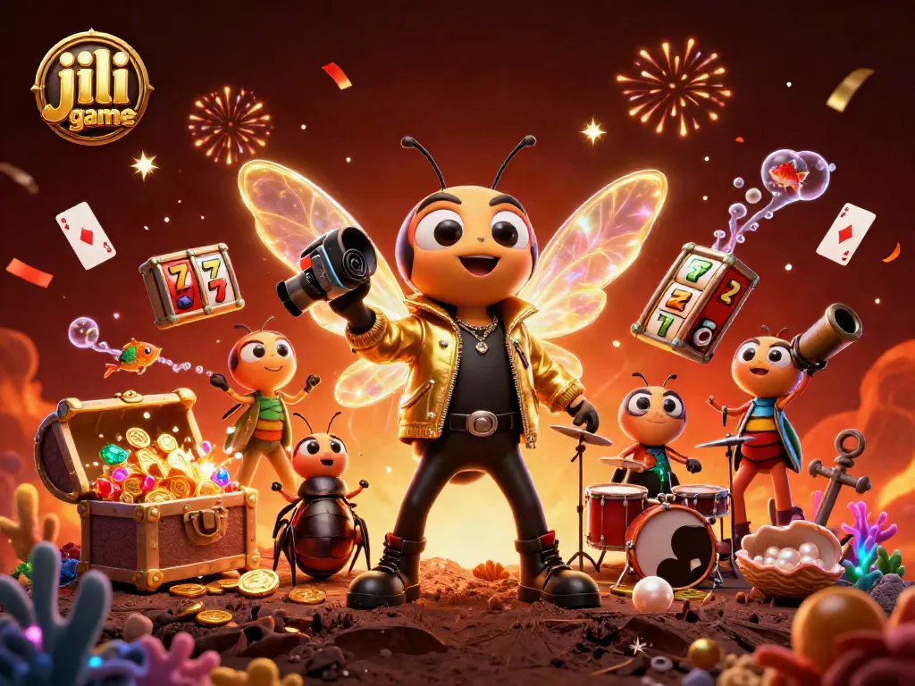 Engage with the vibrant jili game featuring a rock star cicada, dynamic scenes, and colorful casino elements.