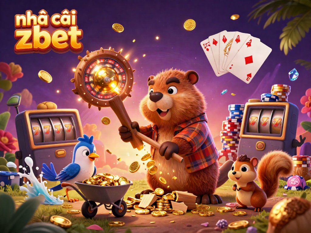 Experience thrilling gameplay with nhà cái zbet, featuring a lumberjack beaver collecting golden coins and game elements.