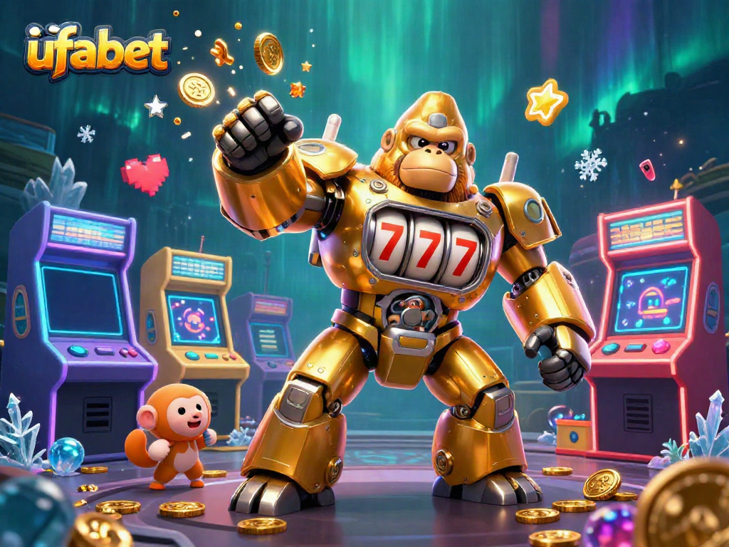 Play ufabet with exciting visuals of a golden gorilla mech, coins flying, and vibrant arcade elements.