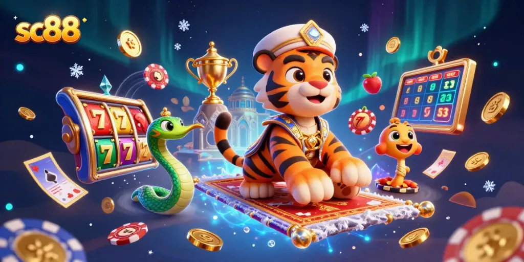 Experience sc88 thrilling slot action with a majestic sultan and casino symbols in a dazzling scene.