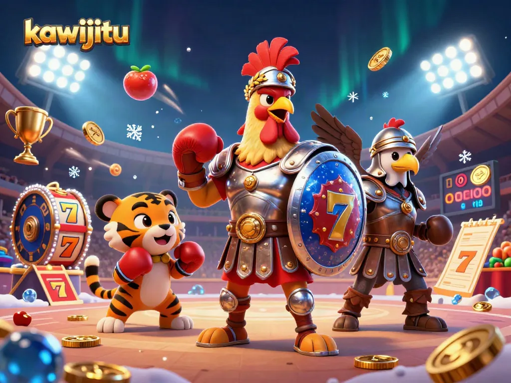 Kawijitu memperlihatkan ayam jantan bertarung di arena bersama simbol mesin slot yang dinamis dan elemen kasino lainnya.