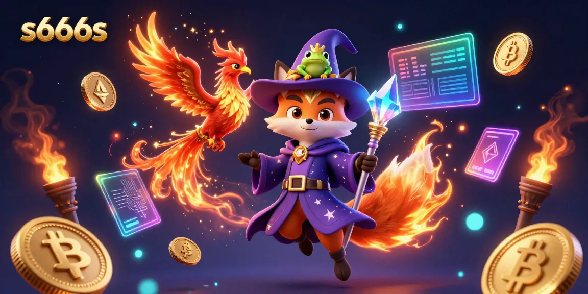 Engage with s666s in this vibrant casino-themed 3D illustration featuring magical elements and cryptocurrency icons.