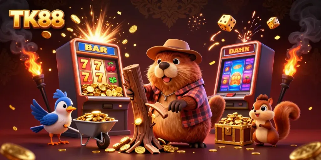 TK88 showcases a vibrant cartoon scene with golden coins and dynamic gaming elements