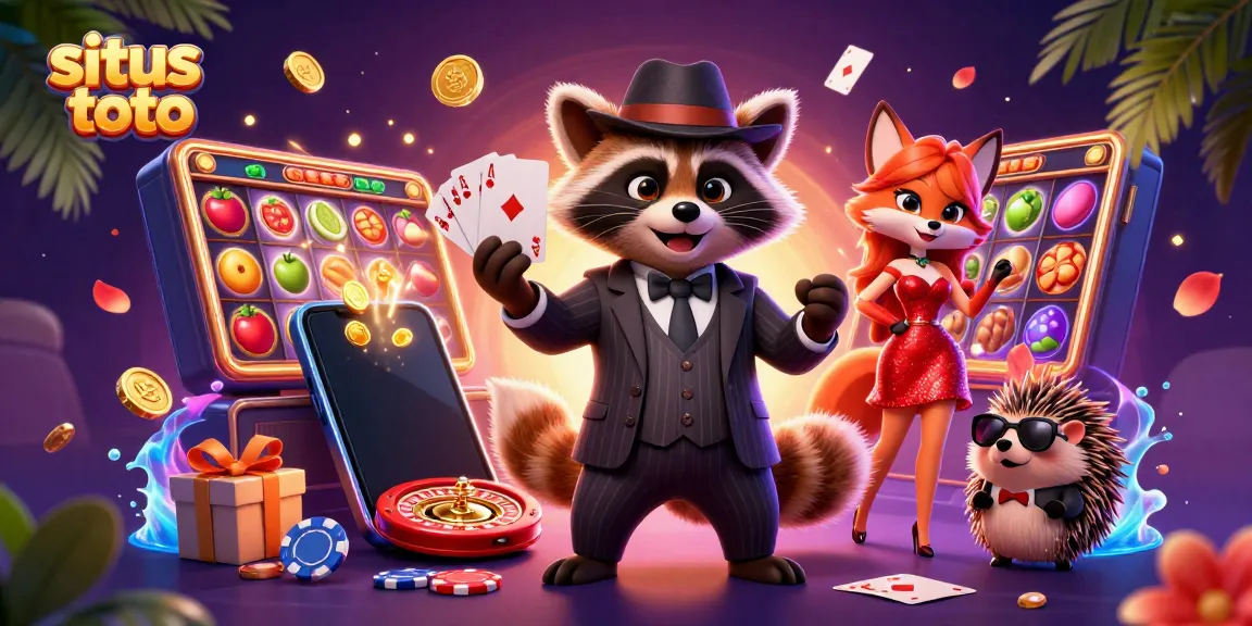 Jelajahi dunia situs toto dengan ilustrasi 3D karakter rakun, rubah, dan landak dalam suasana kasino yang meriah.