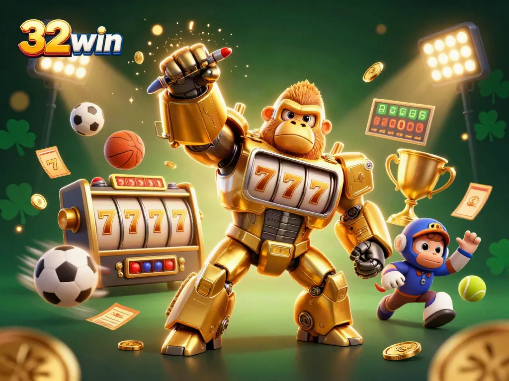 Experience thrilling gameplay at 32win with a golden gorilla mech showcasing slot machine elements.