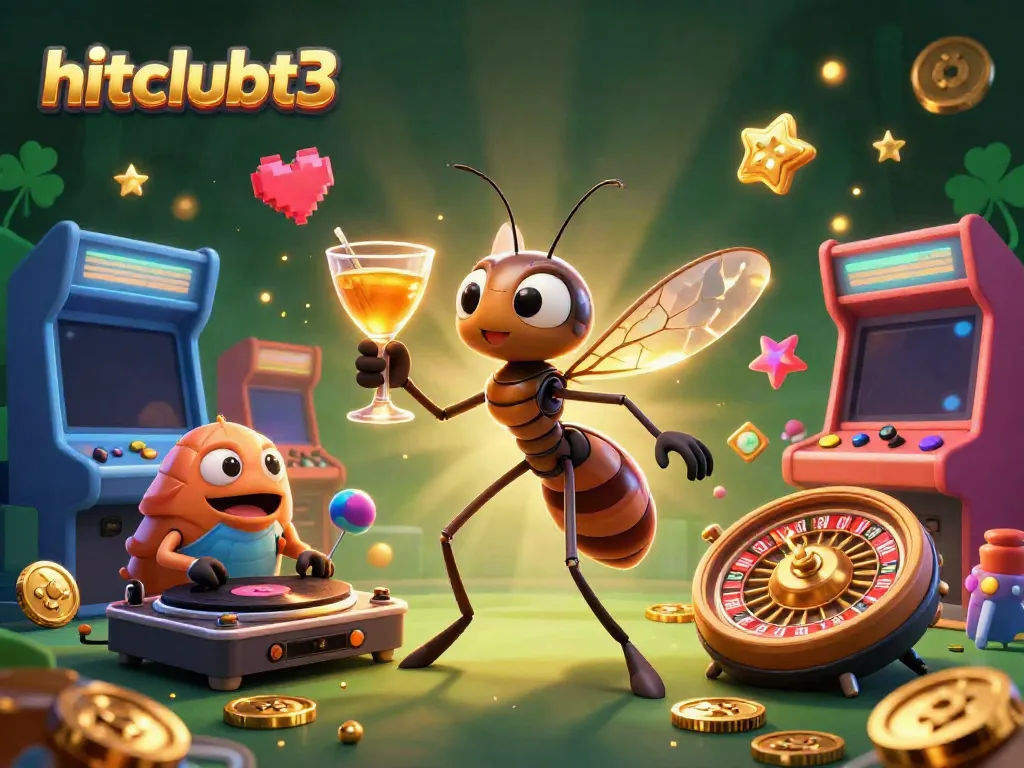 Experience the excitement at hitclubt3 with a dynamic casino mascot scene, showcasing vibrant games and rich visual elements.