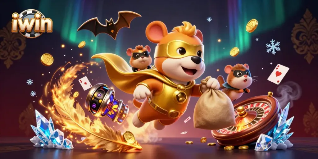 iwin engages players with a colorful scene featuring a dog superhero and gambling elements.