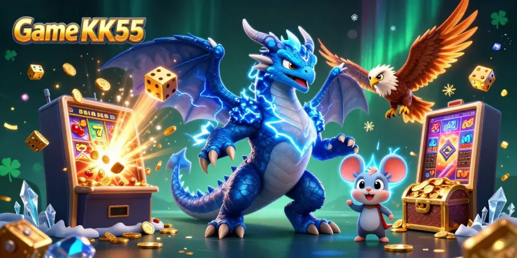 Engage with the thrilling Game KK55, featuring dragons and slot machines in an electrifying casino atmosphere.