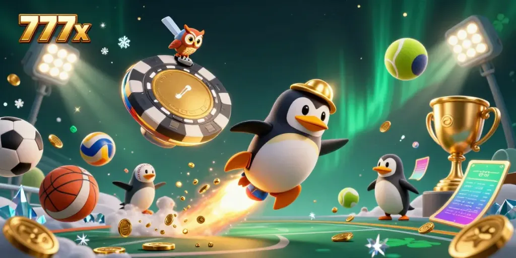 Experience the adventure with a 777x casino theme featuring a glory-studded penguin and dynamic sports elements.