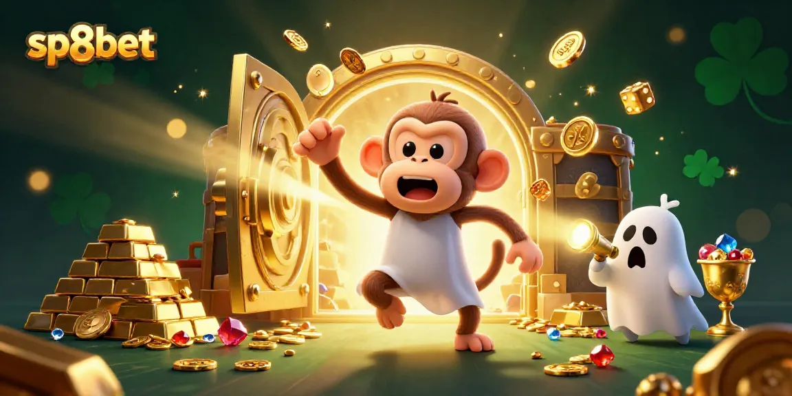 Experience thrilling gaming with sp8bet's haunted casino illustration featuring playful characters and treasure.