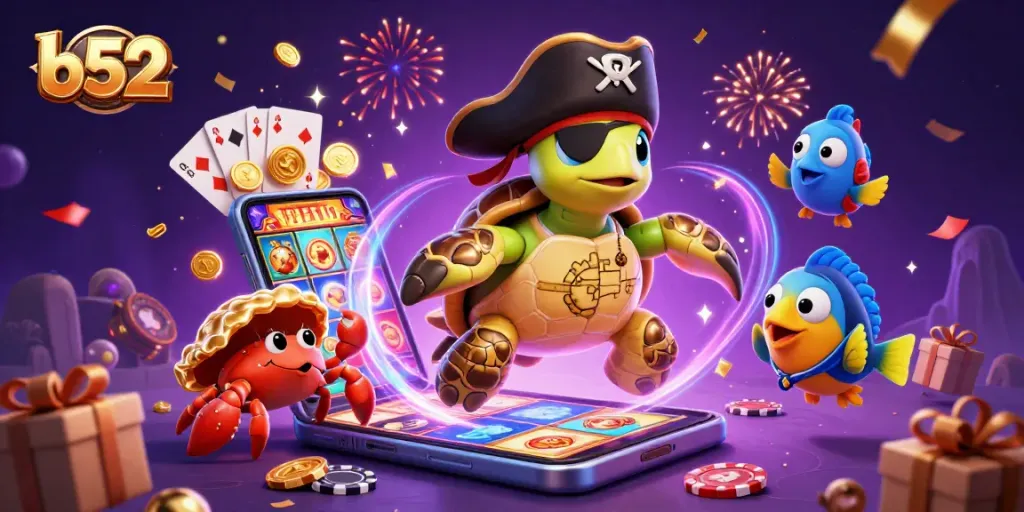 Engage in thrilling b52 slot games with a dynamic pirate turtle and vibrant casino elements.