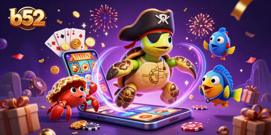 Engage in thrilling b52 slot games with a dynamic pirate turtle and vibrant casino elements.