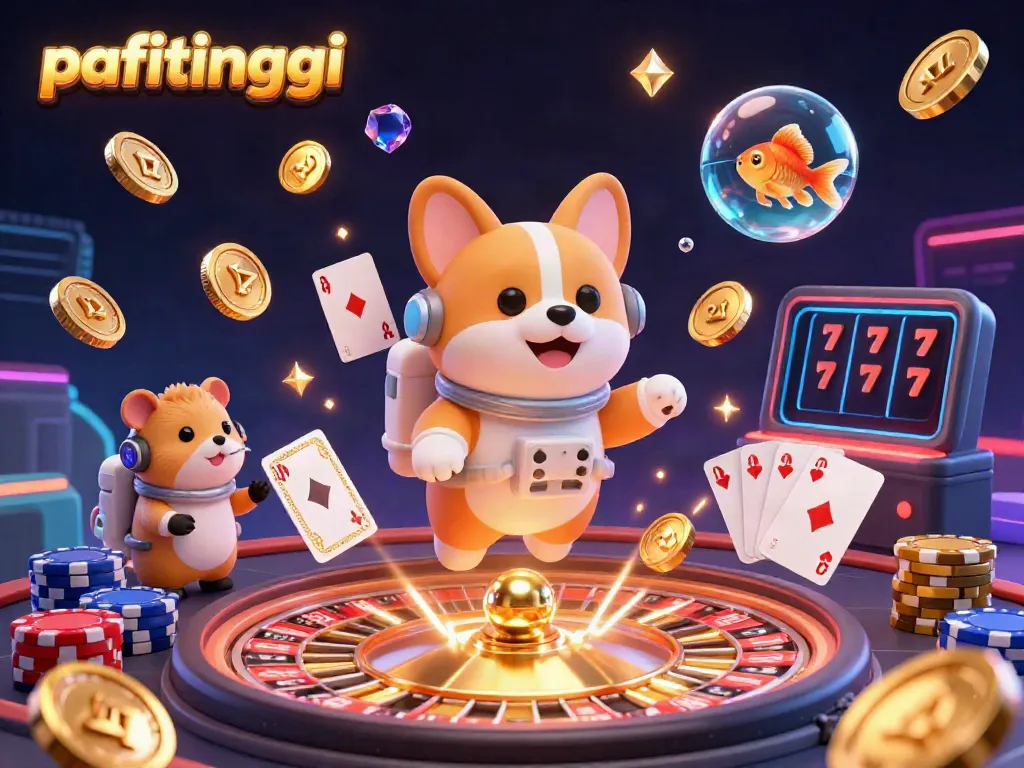 Slot online di Pafitinggi dengan karakter 3D corgi astronaut, koin emas, dan roda roulette.