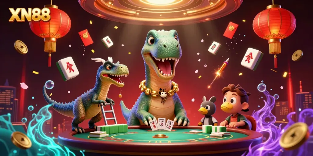Experience the vibrant casino world of XN88 with playful dinosaur characters and dynamic decorations.