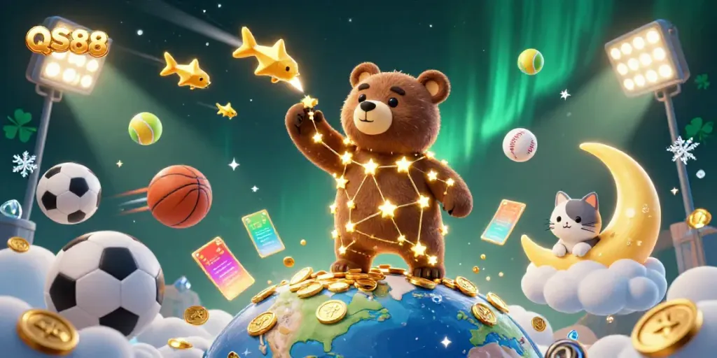 Experience thrilling wins at QS88 with a vibrant 3D illustration showcasing diverse gambling elements.