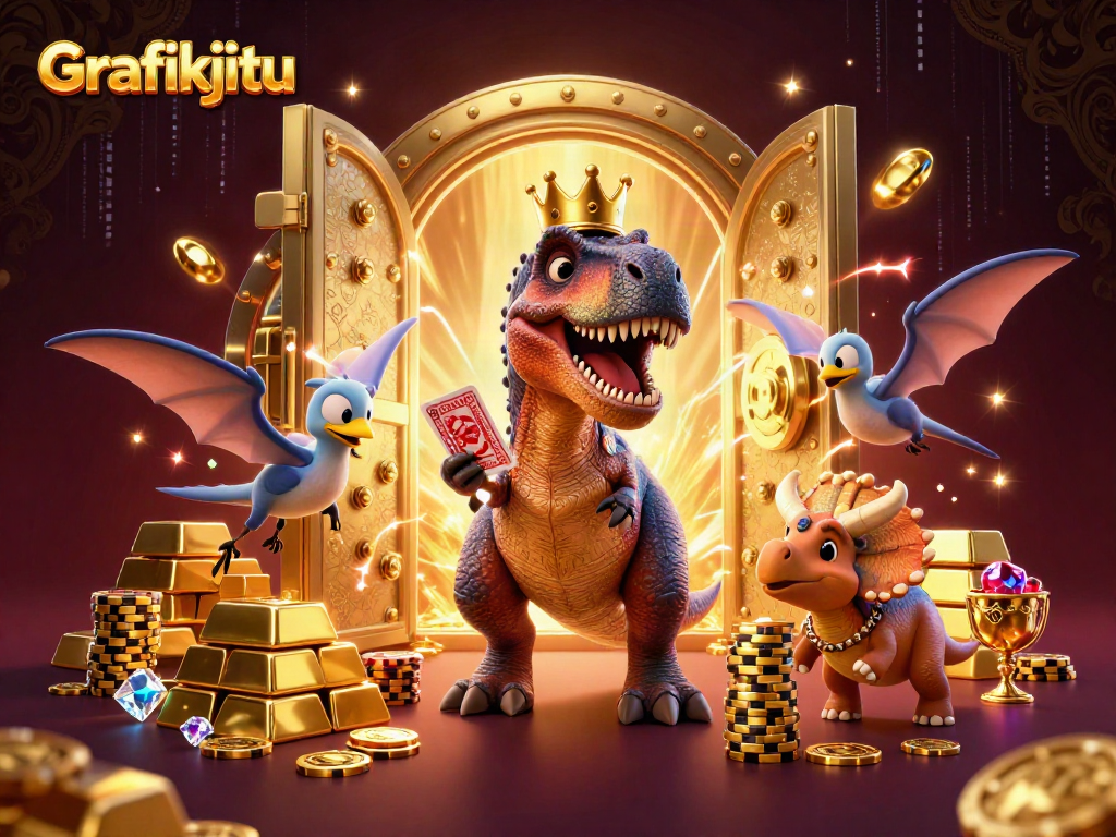 Grafikjitu showcases a T-Rex shuffling cards in a vibrant casino scene overflowing with gleaming chips and treasure.