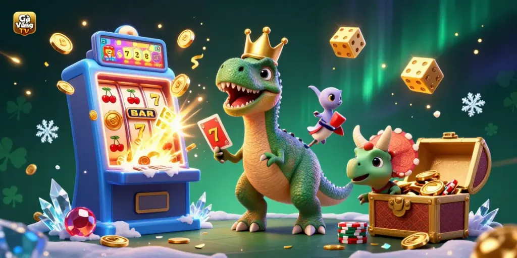 Engage with Gà Vàng TV in a vibrant casino scene featuring a friendly T-Rex and companions.