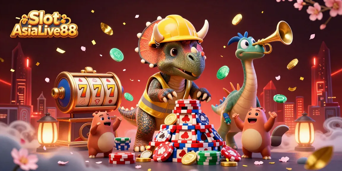 Experience the excitement of Slot AsiaLive88 with vibrant casino elements and animated characters celebrating wins.