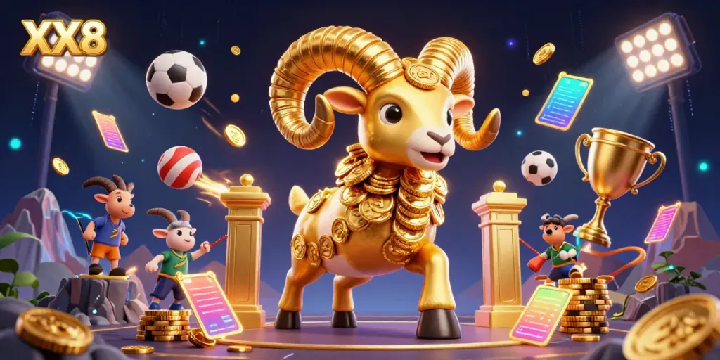 Engage with the action at XX8, featuring a golden ram charging towards a betting showcase with sports elements.