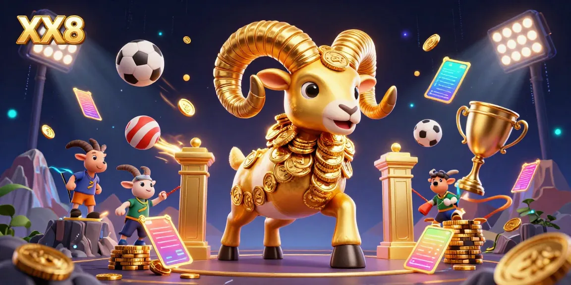 Engage with the action at XX8, featuring a golden ram charging towards a betting showcase with sports elements.