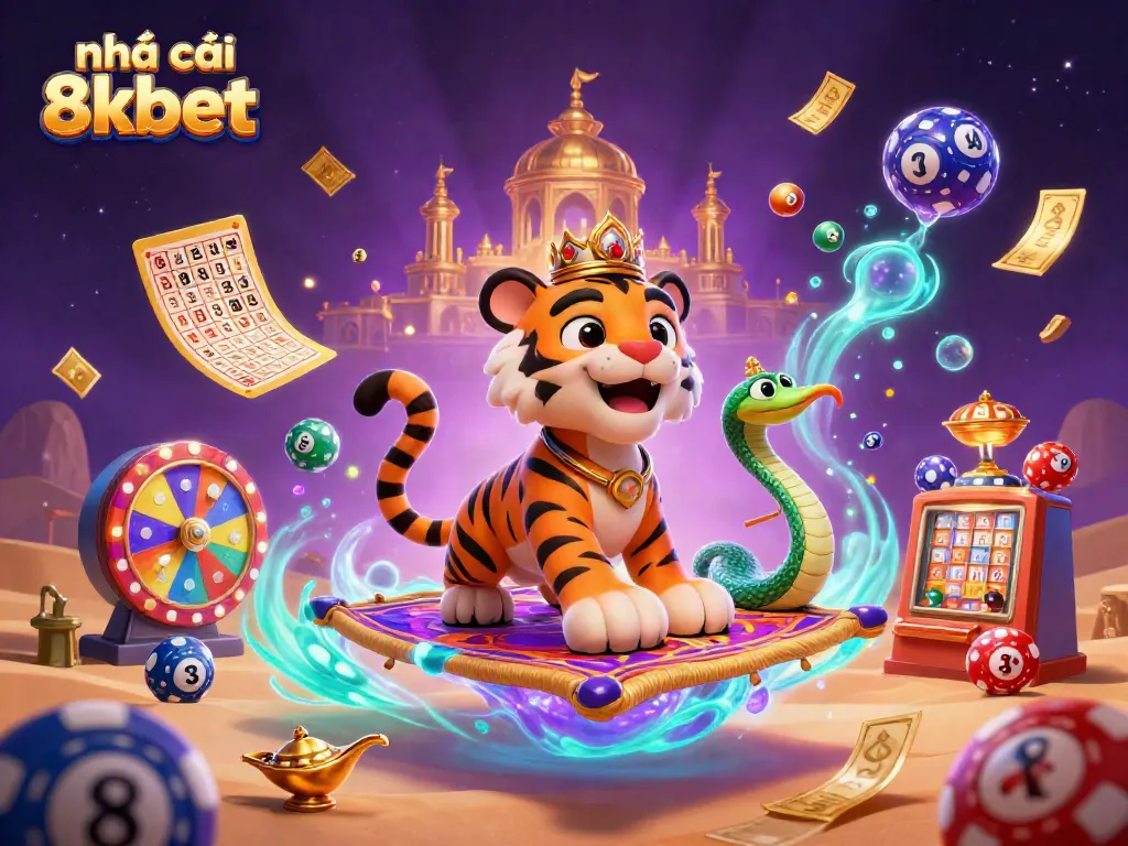 Engaging scene by nhà cái 8kbet showcasing the vibrant energy of online gambling with colorful lottery balls and dynamic elements.