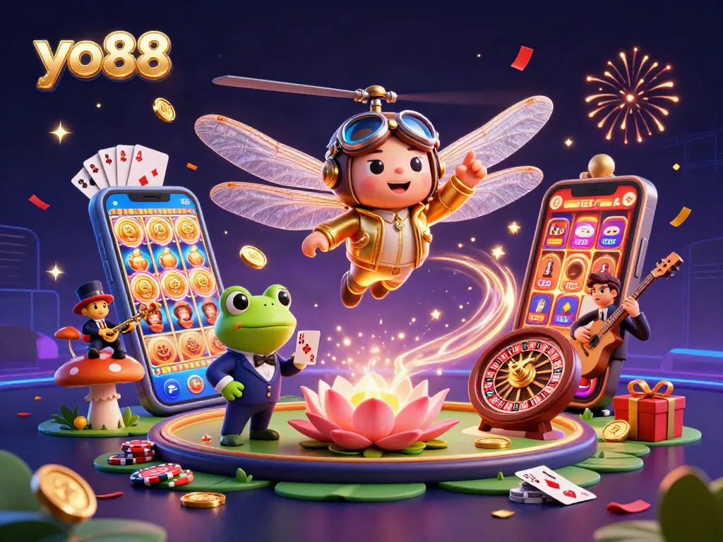 Engage with the vibrant yo88 digital casino world featuring a lively dragonfly pilot and jazz musicians.