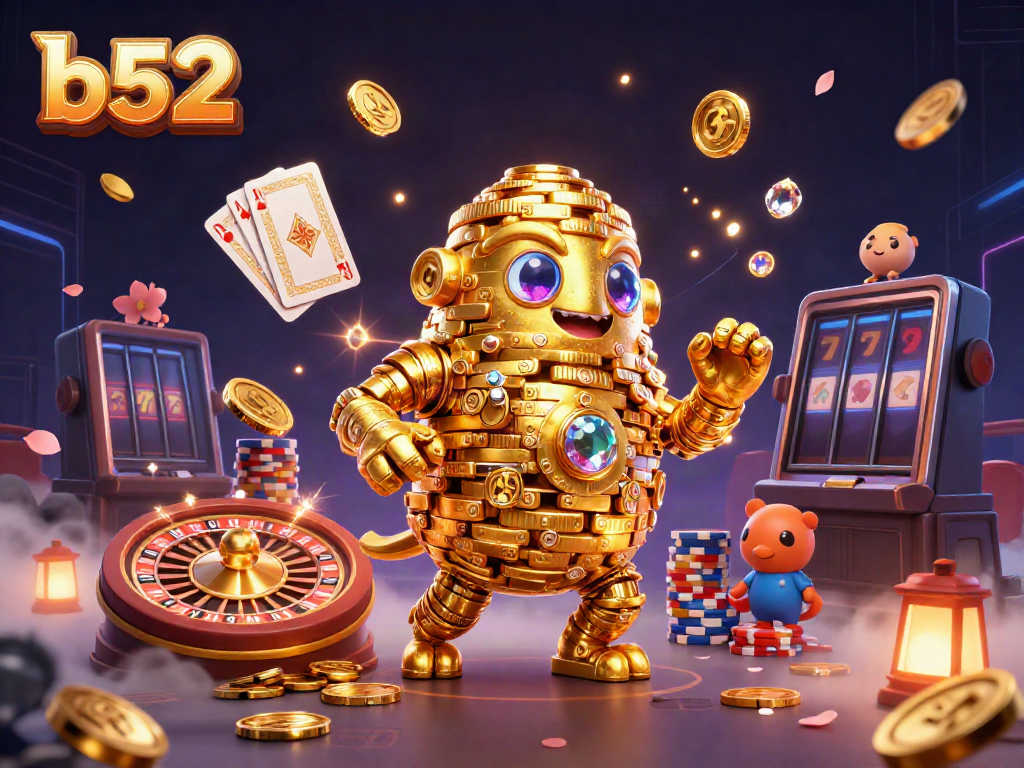 Experience thrilling gameplay with b52 in a vibrant 3D casino scene featuring gold coins and slot symbols.