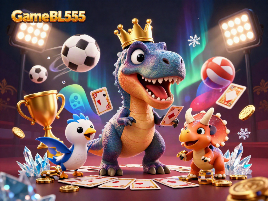Engage with thrilling fun in Game BL555 as cartoon characters shuffle cards and stack chips amid colorful casino elements.