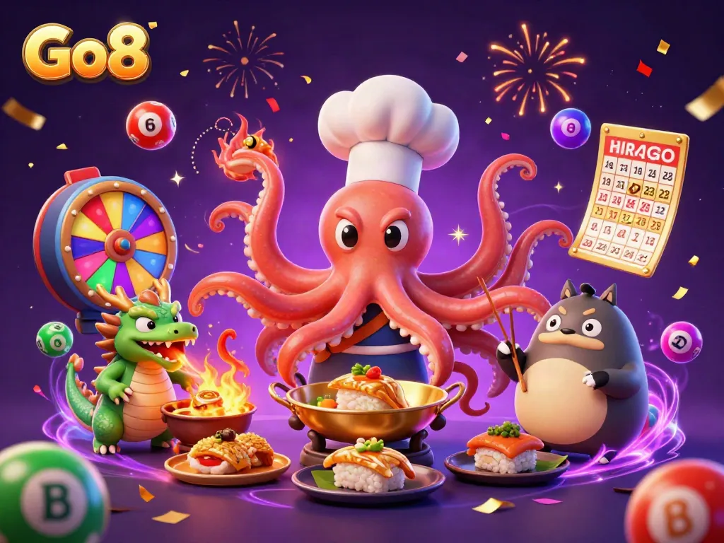 Experience the thrill of Go8 with a 3D sushi chef octopus, dragon, and dynamic gaming elements.
