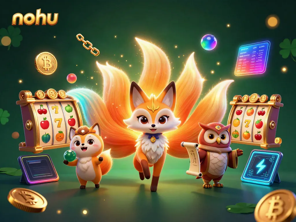 Experience thrilling nohu gaming with mystical characters, slot reels, and glowing coins in an engaging casino scene.