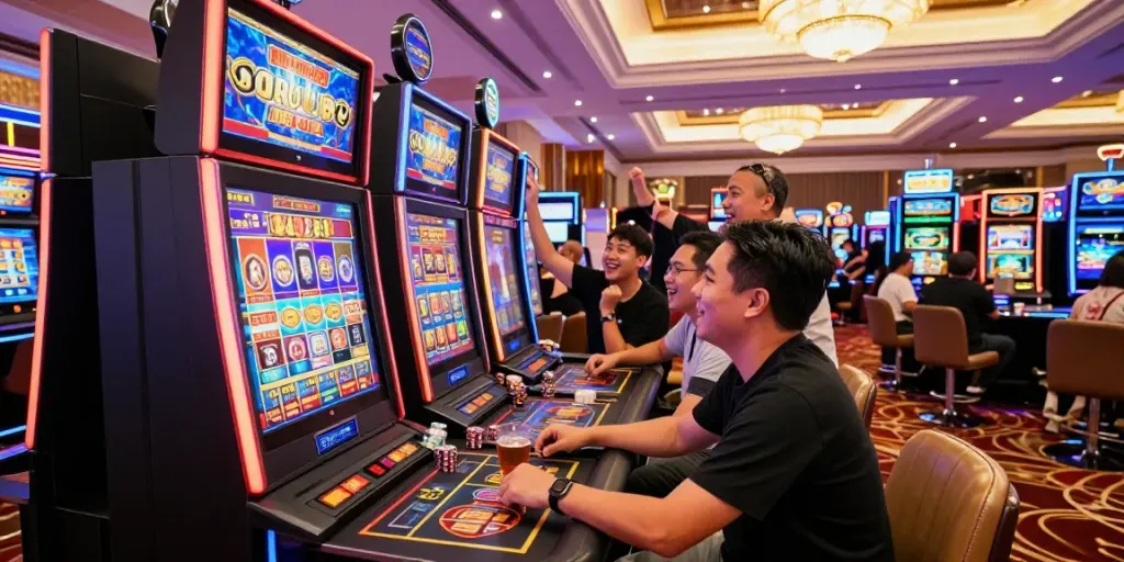 Gambler celebrating a win at lumbung88 slot machine in lively casino atmosphere.