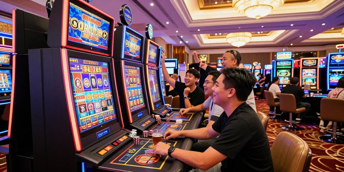 Gambler celebrating a win at lumbung88 slot machine in lively casino atmosphere.