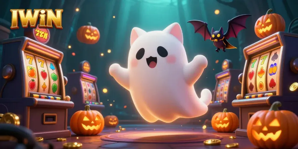 IWIN floats through a haunted casino mansion with unique slot machine elements, showcasing thrilling gaming action.