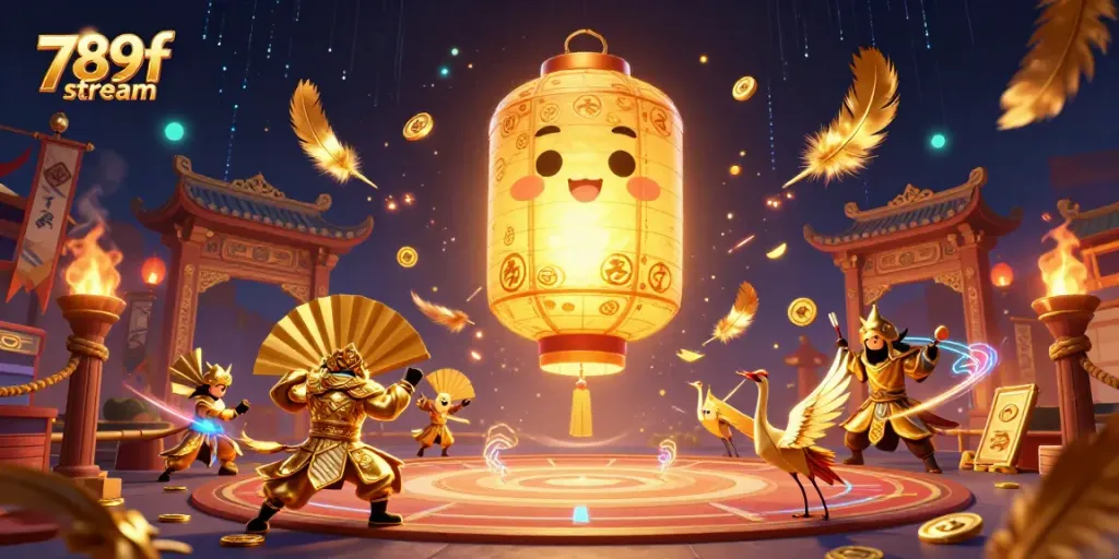 Experience the vibrant 789f stream casino world filled with golden lanterns, warriors, and lucky symbols.