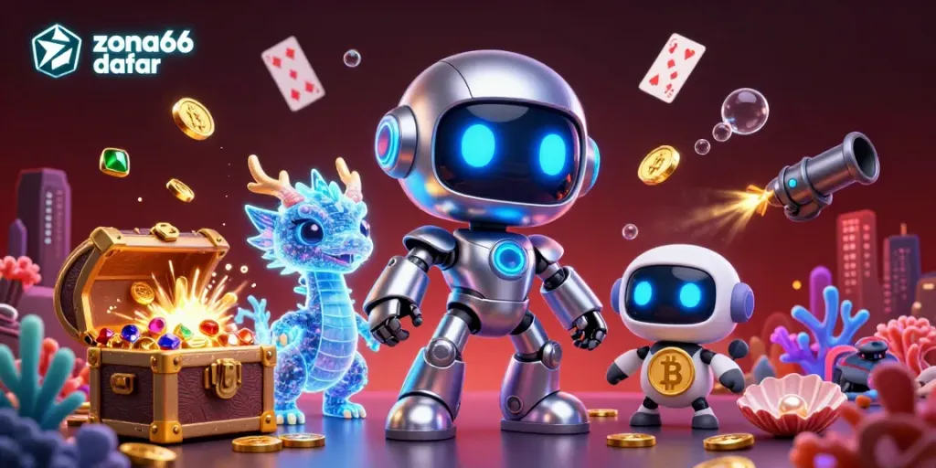 Experience the excitement with zona66 daftar illustrated in a neon-lit scene featuring a robot and gaming elements.