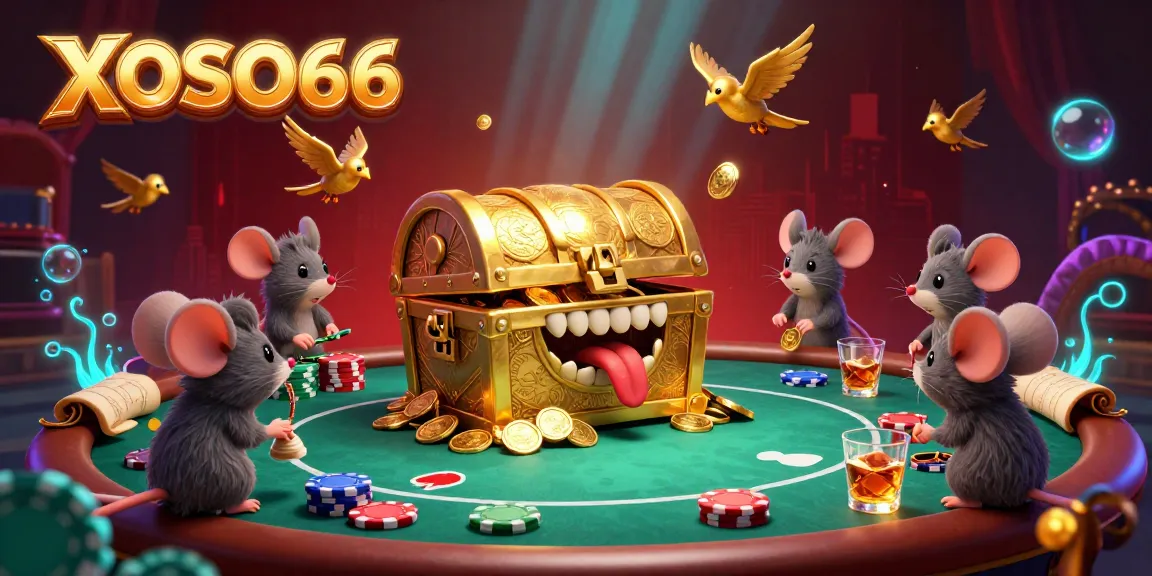 XOSO66 offers an engaging scene with cartoon mice drawn toward a treasure chest, surrounded by poker elements.