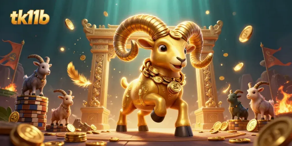 Engage with exciting bets at tk11b with a vibrant golden ram illustration amidst a high-quality casino scene.