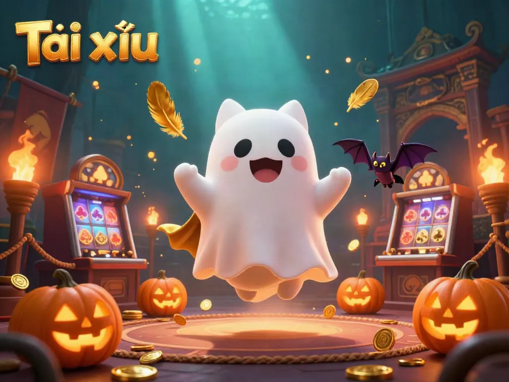 Experience Tài xỉu in a vibrant ghostly casino scene with playful elements and golden glow.