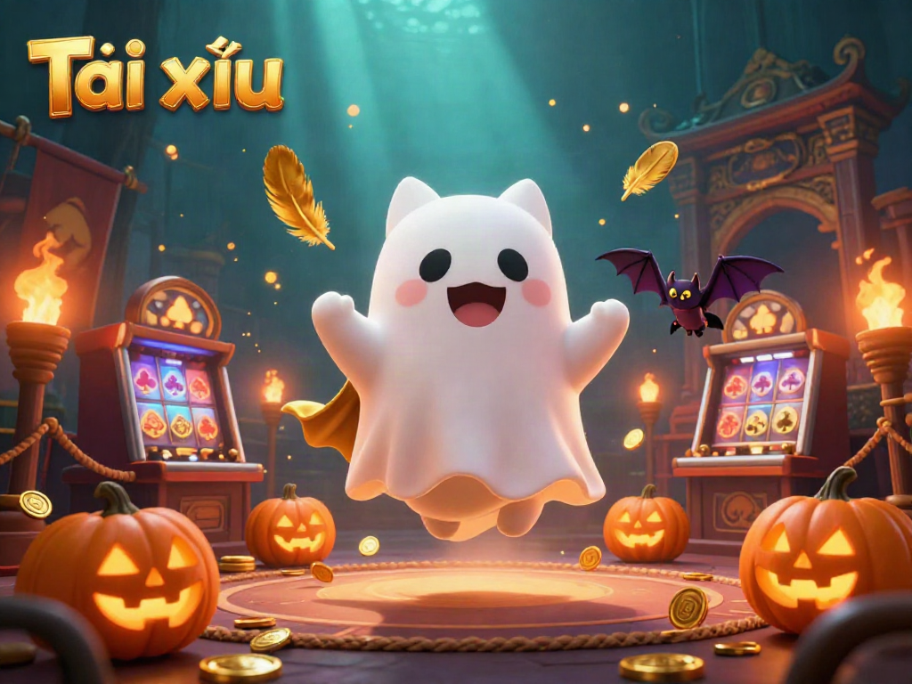 Experience Tài xỉu in a vibrant ghostly casino scene with playful elements and golden glow.