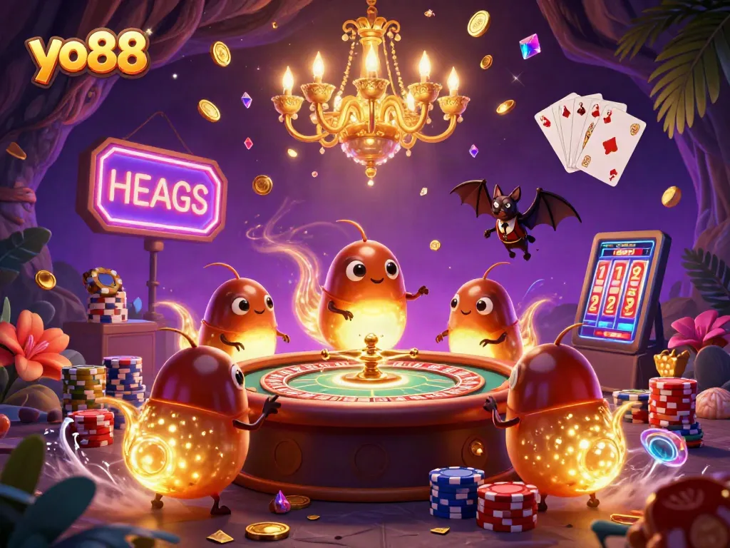 Engage with exciting yo88 casino games in a vibrant cave illuminated by glowing characters.