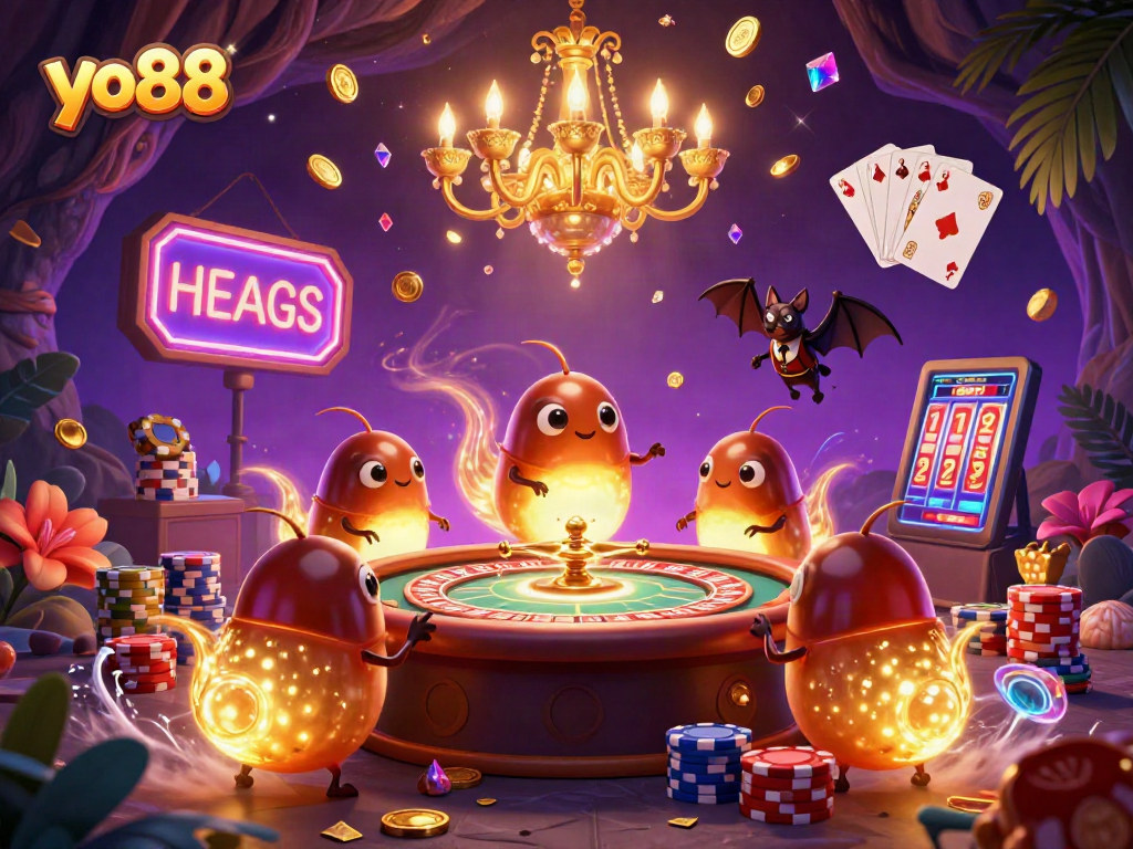 Engage with exciting yo88 casino games in a vibrant cave illuminated by glowing characters.