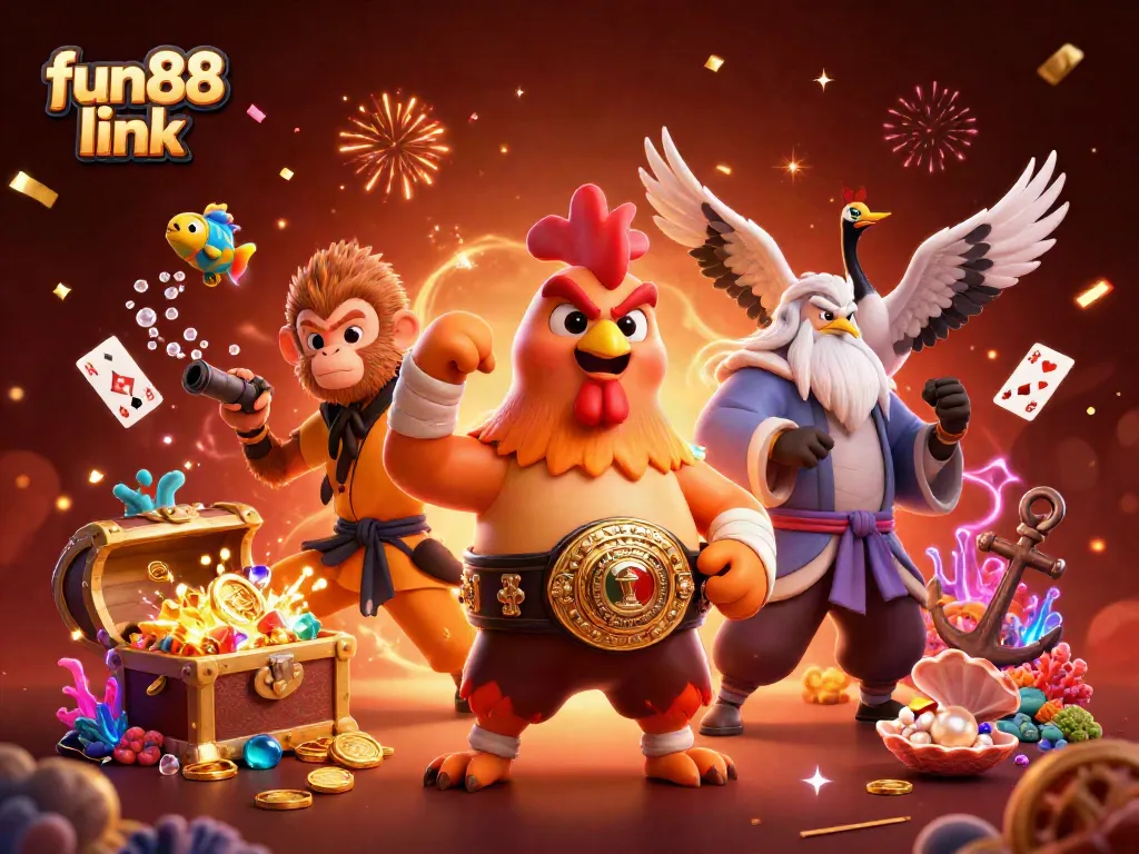 Experience the excitement with fun88 link in this dynamic 3D casino-themed scene filled with action.