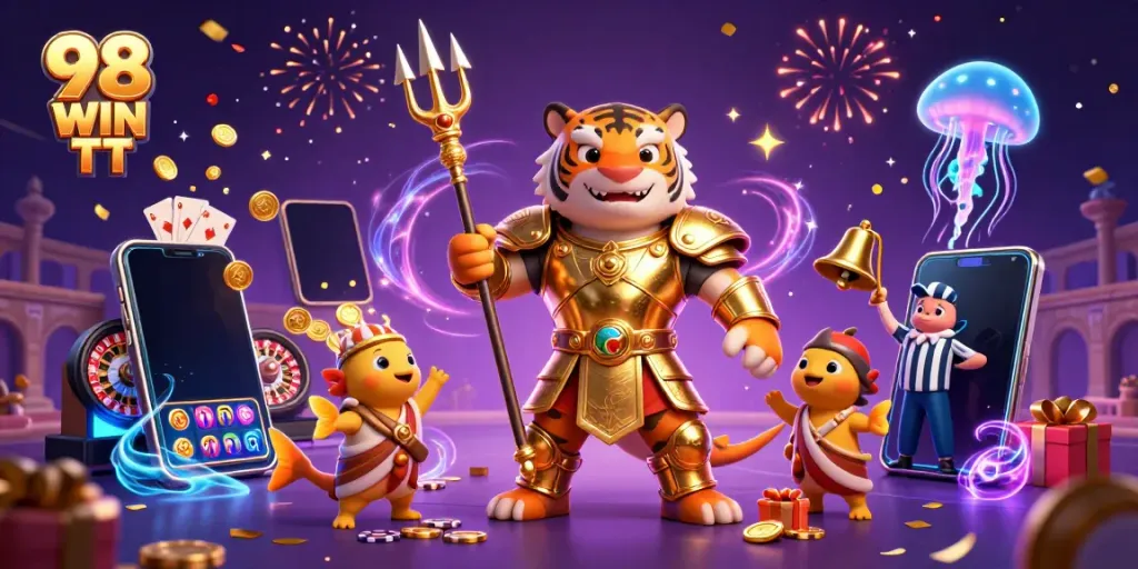Engage in vibrant 98 WIN TT action with the golden gladiator shark and underwater festivities.