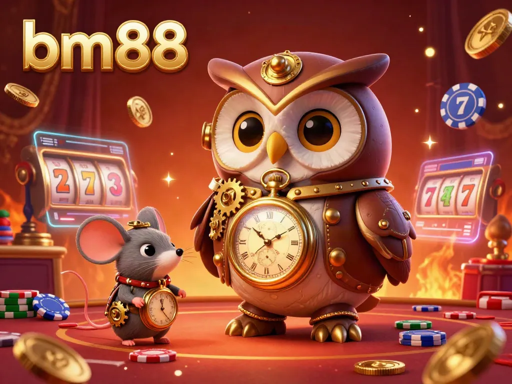 Experience the vibrant casino scene with bm88, highlighting a time-traveling owl and a clockwork mouse amid dynamic gambling elements.