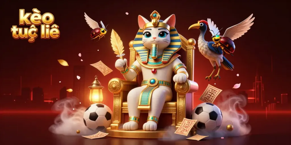 Engage in kèo trực tuyến action with an animated pharaoh cat and sports elements in a vibrant setting.